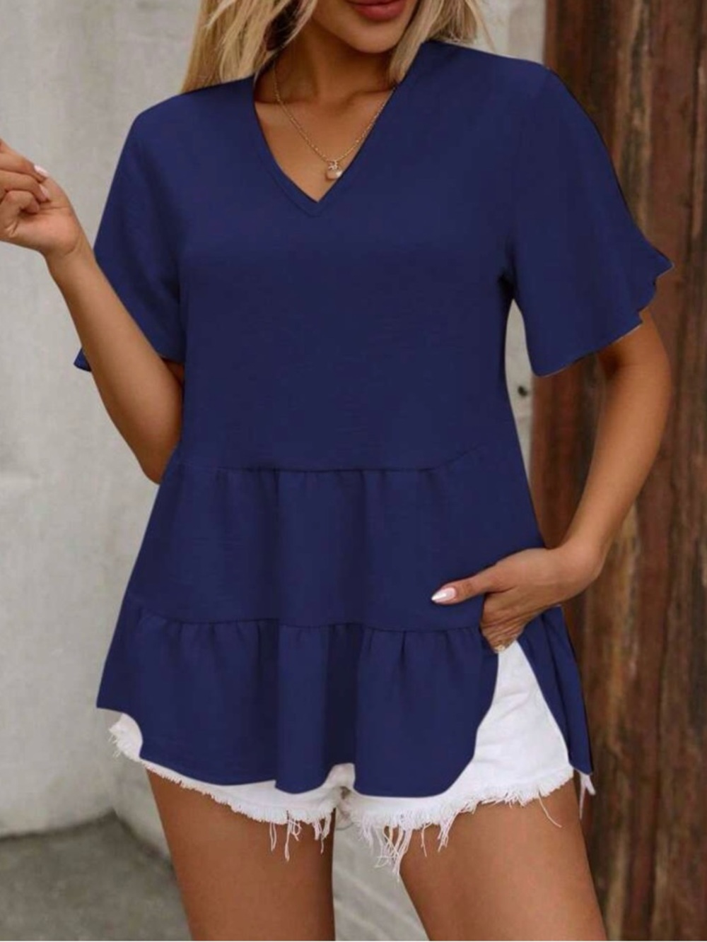 SHEIN Navy Tiered V-Neck Short Sleeve Tunic